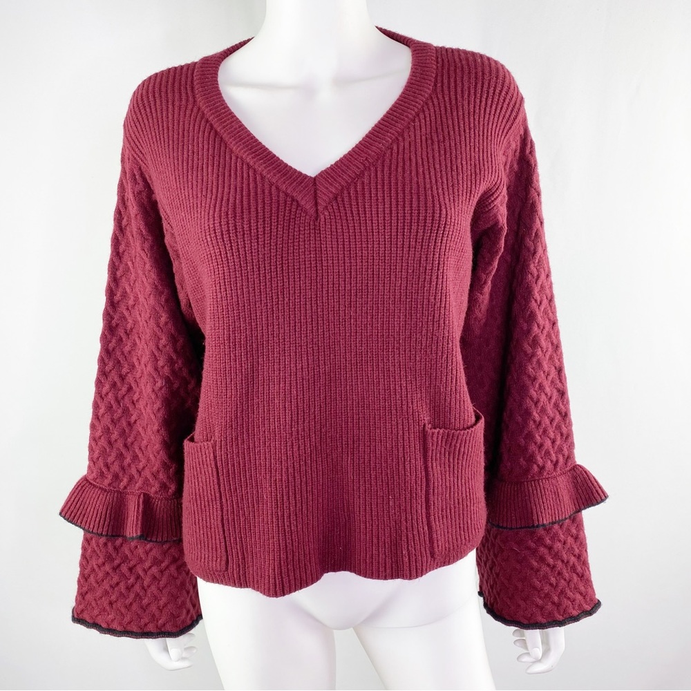 Muche Muchette Maroon Dark Red Knit V-Neck Bell Sleeve Sweater One Size